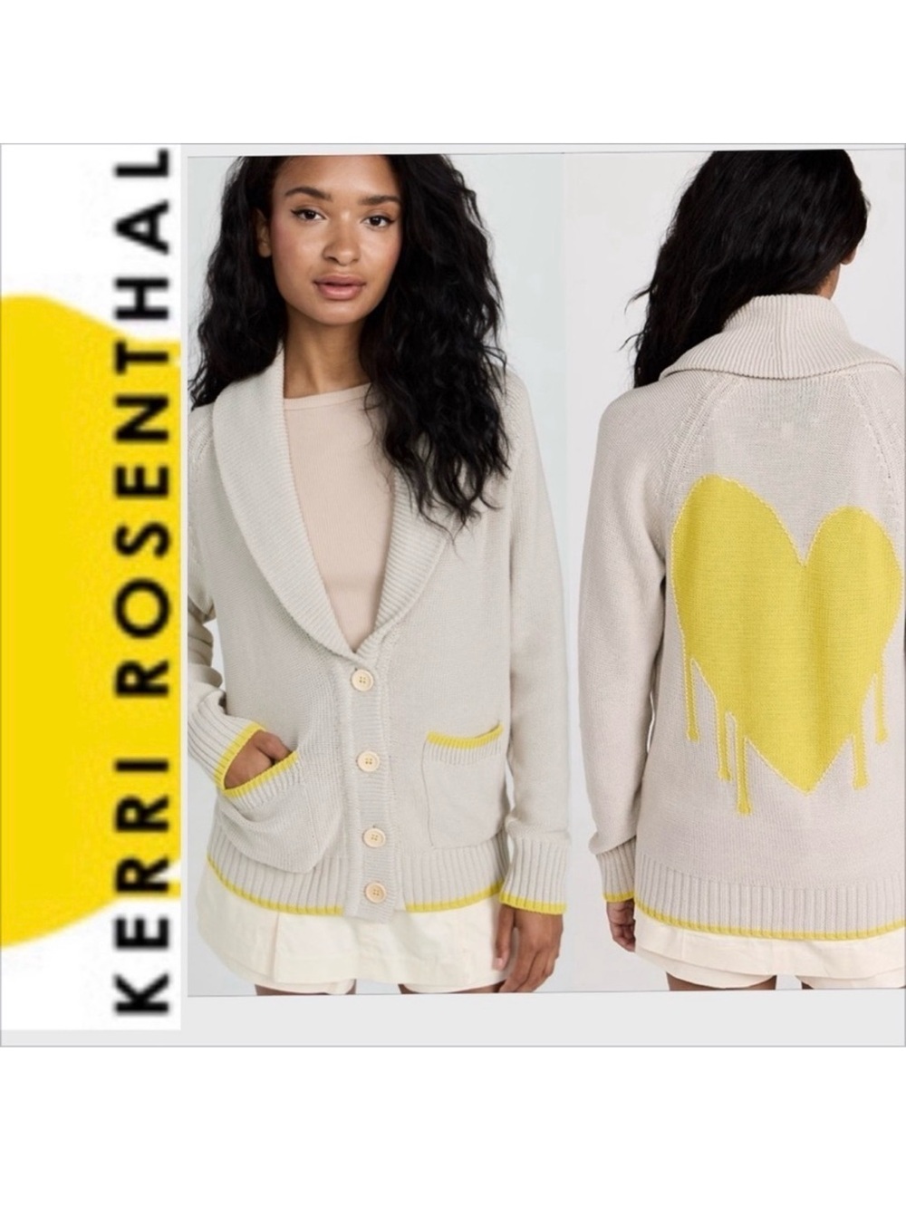 Kerri Rosenthal Cream Cardigan Sweater with Yellow Heart